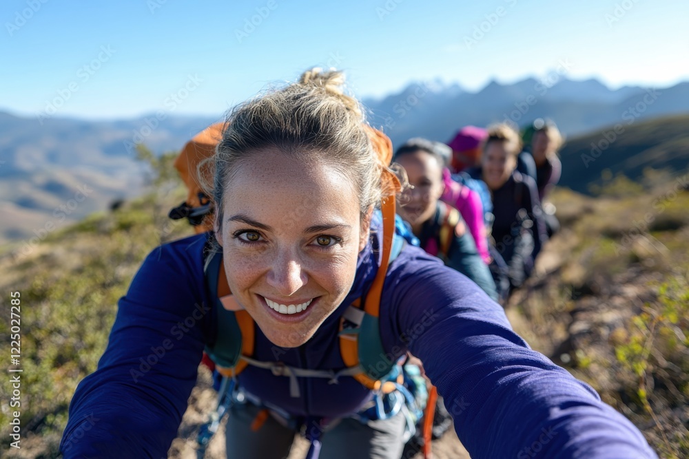 A group of enthusiastic hikers trek up a stunning mountain trail, embodying teamwork and camaraderie against a backdrop of breathtaking natural scenery. A group of enthusiastic hikers trek up a stunning mountain trail, embodying teamwork and camaraderie against a backdrop of breathtaking natural scenery.