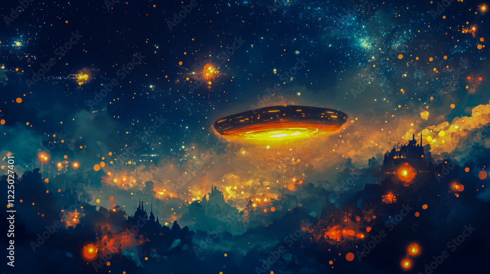 An otherworldly UFO hovering in a clear night sky, surrounded by glowing lights An otherworldly UFO hovering in a clear night sky, surrounded by glowing lights