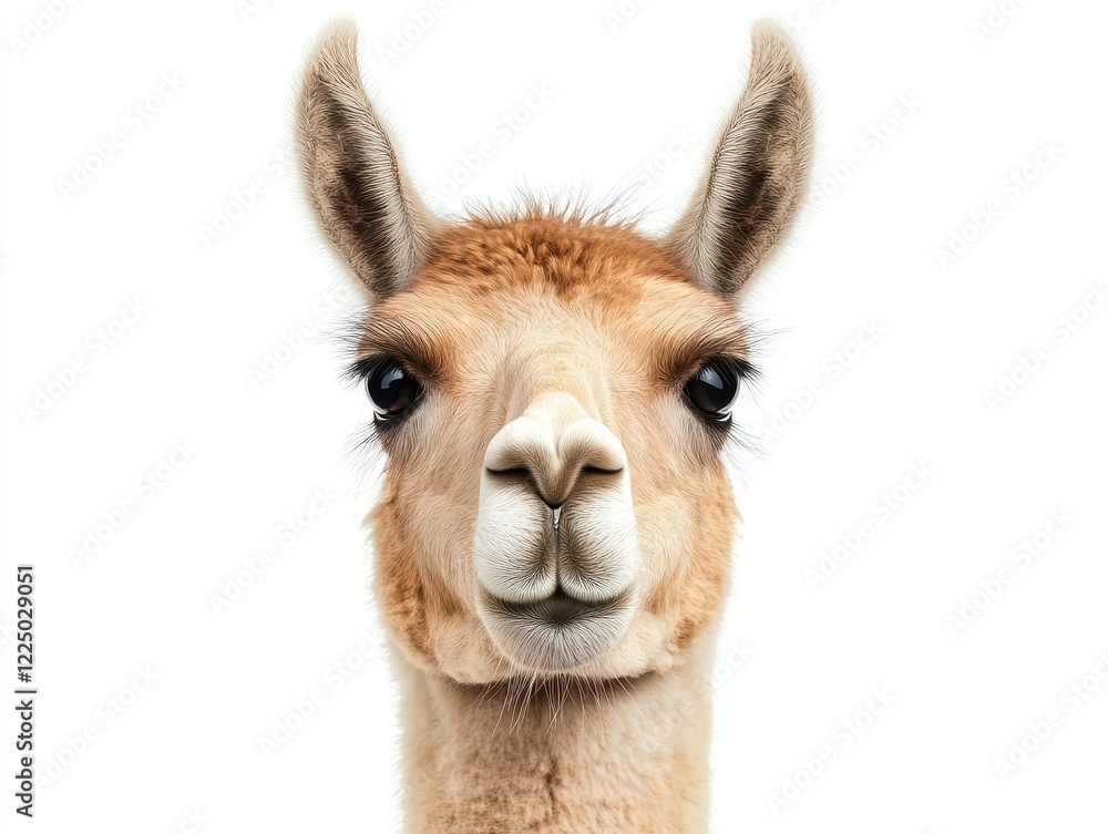 Obraz premium A close-up of a llama's face, showcasing its expressive eyes and unique features against a plain white background.