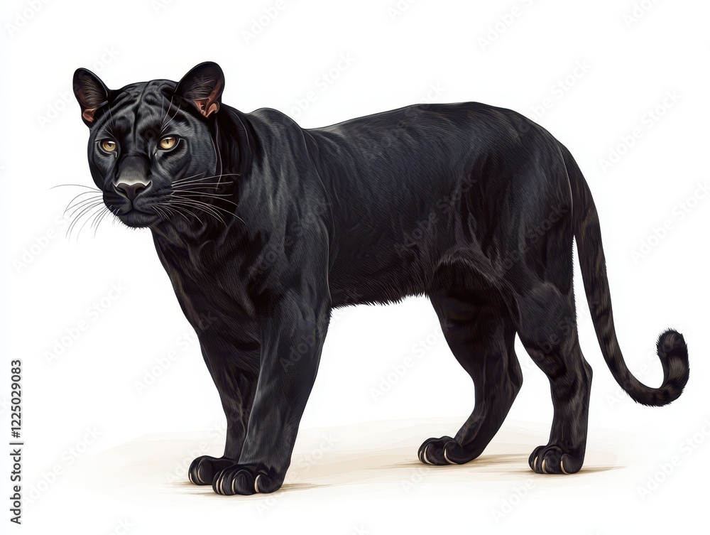 A sleek black panther stands gracefully, showcasing its powerful physique and sharp features, embodying elegance and strength in the wild.