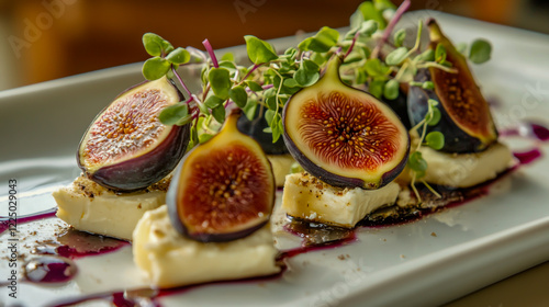 Elegant plating of fresh figs paired with creamy goat cheese, garnished with vibrant microgreens photo