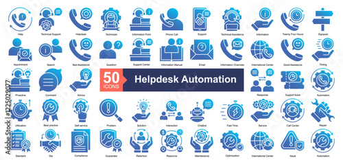 Helpdesk Automation Icon Collection Set.Containing Help, Technical Support, Helpdesk, Technician, Information Point, Phone Call, Support icon. Simple glyph gradient style Vector Illustration.	