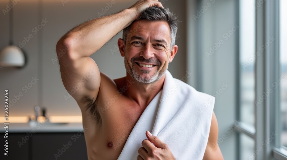 Obraz premium Man Smiling in Modern Bathroom After Showering While Holding Towel