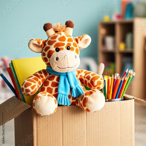 A soft plush giraffe with a striped scarf sits in a cardboard donation box filled with books, colored pencils, and toys. A heartwarming scene of childhood, generosity, and giving. photo