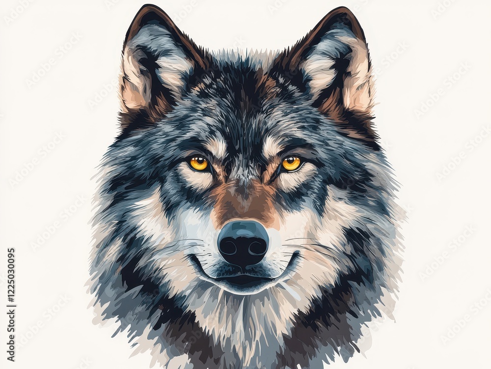 Naklejka premium A striking close-up of a wolf's face, showcasing its piercing yellow eyes and detailed fur texture in a realistic artistic style.