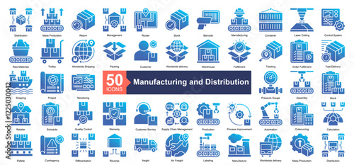 Manufacturing and Distribution Icon Collection Set.Containing Distribution, Mass Production, Return, Management, Router, Stock, Barcode icon. Simple glyph gradient style Vector Illustration.