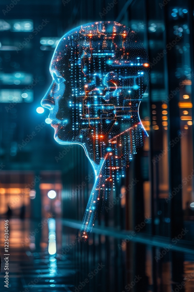 Artificial intelligence head profile digital brain network technology ai machine learning concept futuristic design glowing abstract illustration Artificial intelligence head profile digital brain network technology ai machine learning concept futuristic design glowing abstract illustration