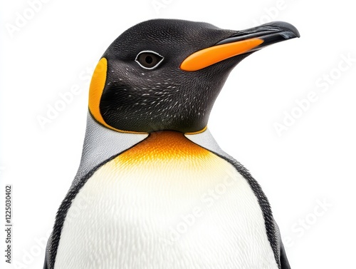 A close-up of a penguin with distinctive black and white feathers and a vibrant orange beak, showcasing its unique features.