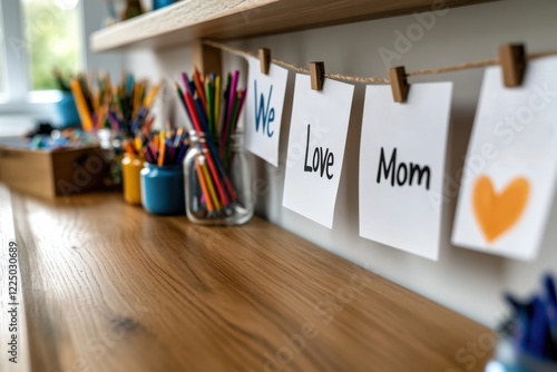 Wallpaper Mural A creative workspace filled with colorful art supplies and cheerful handmade cards that say 'We Love Mom', capturing the spirit of love and creativity for Mother's Day. Torontodigital.ca