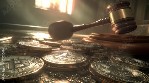 Gavel and Bitcoin Coins Symbolizing Cryptocurrency Law and Justice