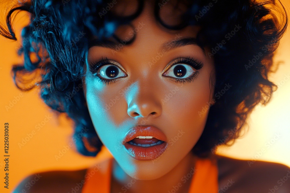 Gorgeous very astounded black girl - for ads, billboard and social networks use. Short haircut - curly hair. Commercial ad depiction. Creative african american model look. Black model. Gorgeous very astounded black girl - for ads, billboard and social networks use. Short haircut - curly hair. Commercial ad depiction. Creative african american model look. Black model.