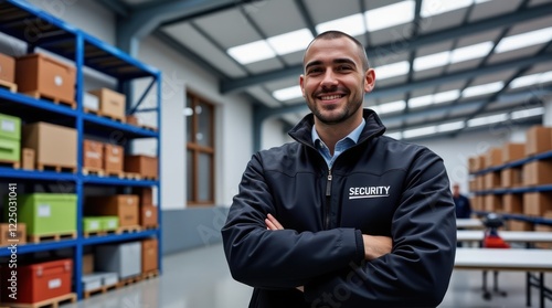 Security Professional Poses Confidently in a Warehouse Setting During Work Hours