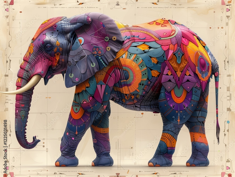 Obraz premium a precise drawing of very cute jungle robotic elephant in a front facing view as though you are creating a precise drawing