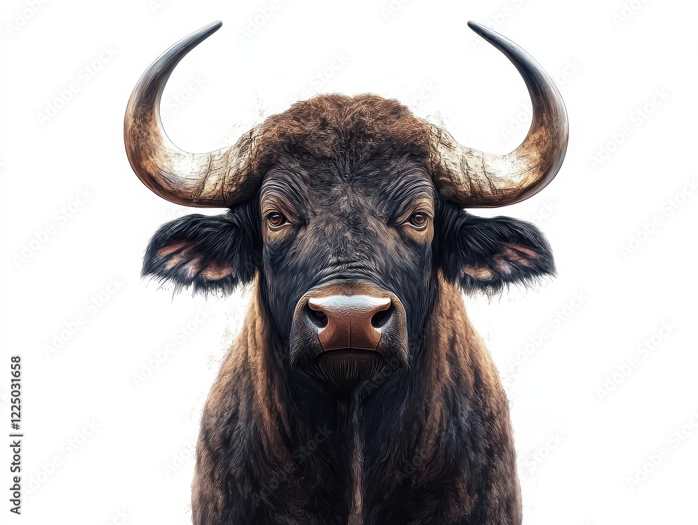 A close-up portrait of a powerful bull with prominent horns and intense eyes, showcasing its strong features against a white background. A close-up portrait of a powerful bull with prominent horns and intense eyes, showcasing its strong features against a white background.