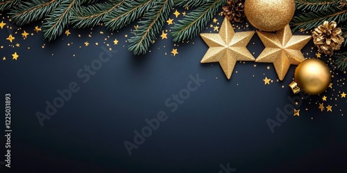 Christmas Border Design Of Fir Branches, Golden Stars, Cones Balls Over Blue Table Backdrop photo