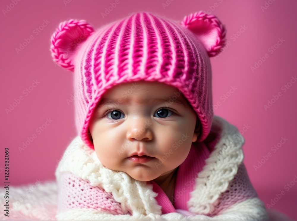 Cute baby wearing a pink knitted hat with bear ears, posing for a portrait against a soft pink background Cute baby wearing a pink knitted hat with bear ears, posing for a portrait against a soft pink background