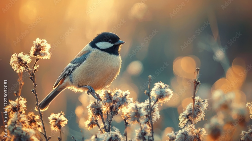 Obraz premium Small bird perched on winter plant at sunset.