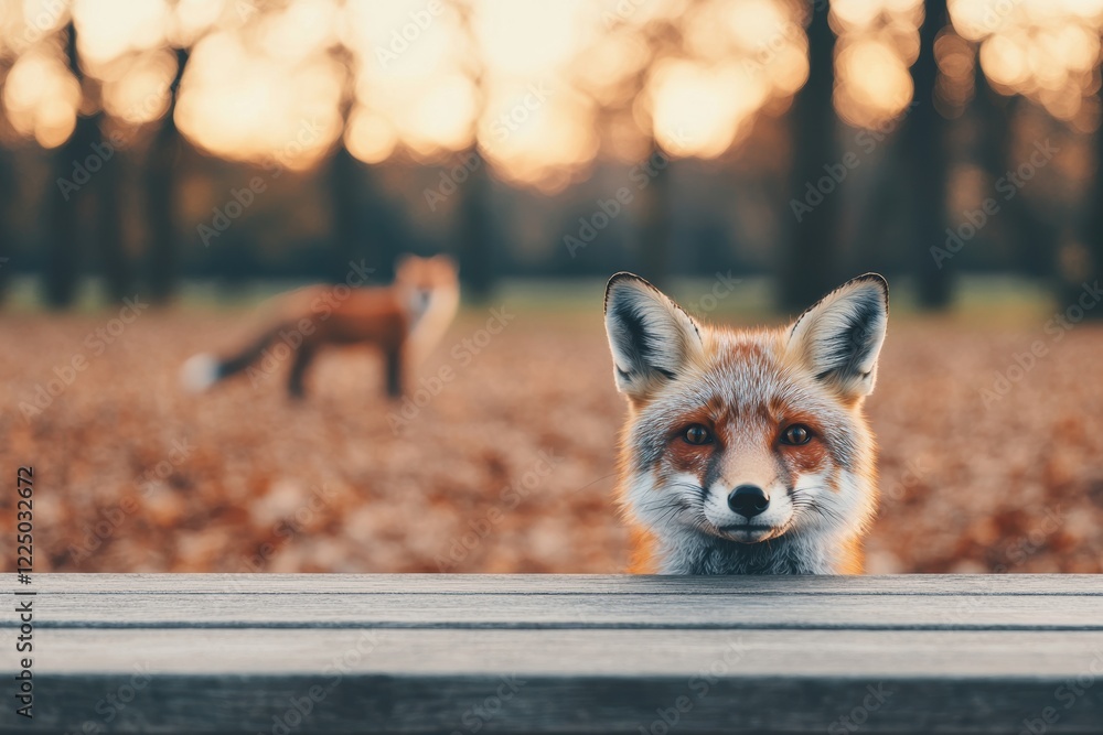Obraz premium Curious fox peeking over wooden table in autumn forest at sunset