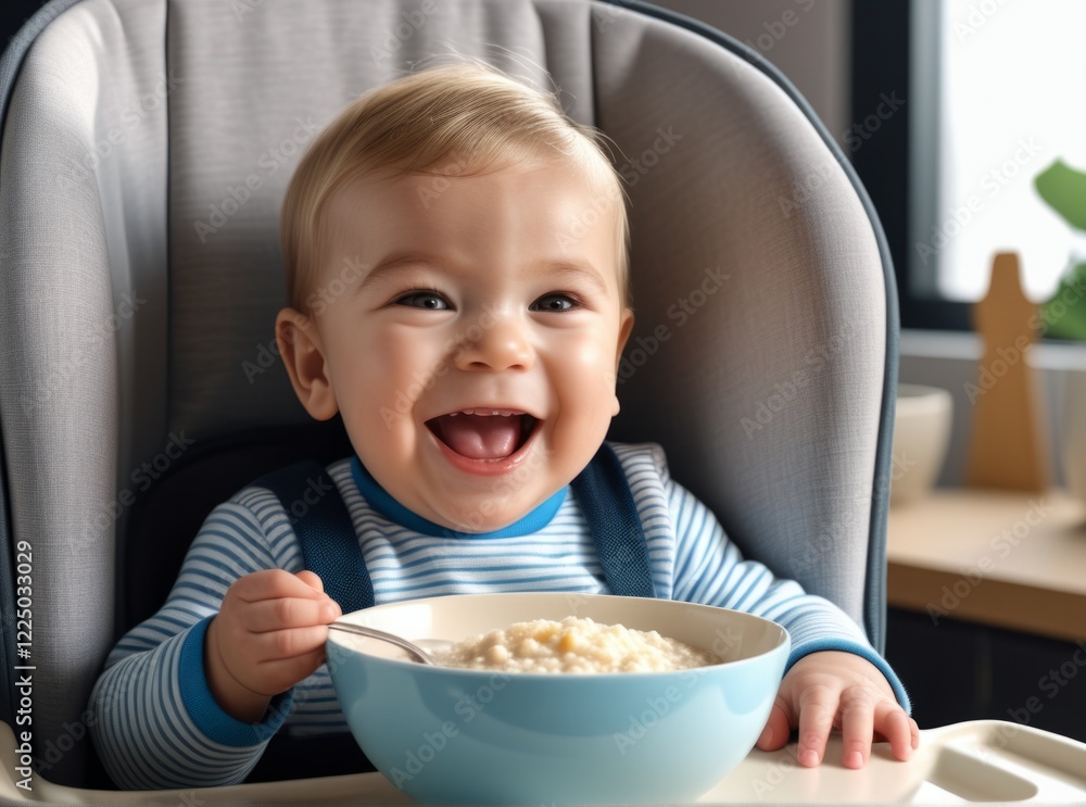 Baby enjoying breakfast in high chair with a big smile while eating oatmeal in a cozy kitchen setting Baby enjoying breakfast in high chair with a big smile while eating oatmeal in a cozy kitchen setting