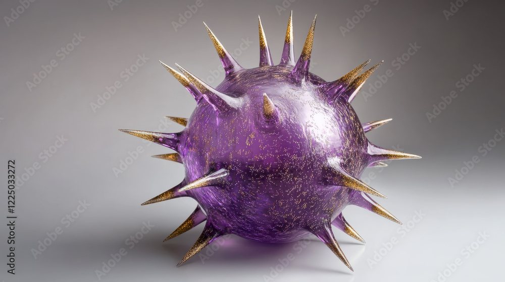 A vivid macro shot of a purple starburst-shaped glass orb, with smooth spikes radiating outward, each tipped with soft golden dust A vivid macro shot of a purple starburst-shaped glass orb, with smooth spikes radiating outward, each tipped with soft golden dust