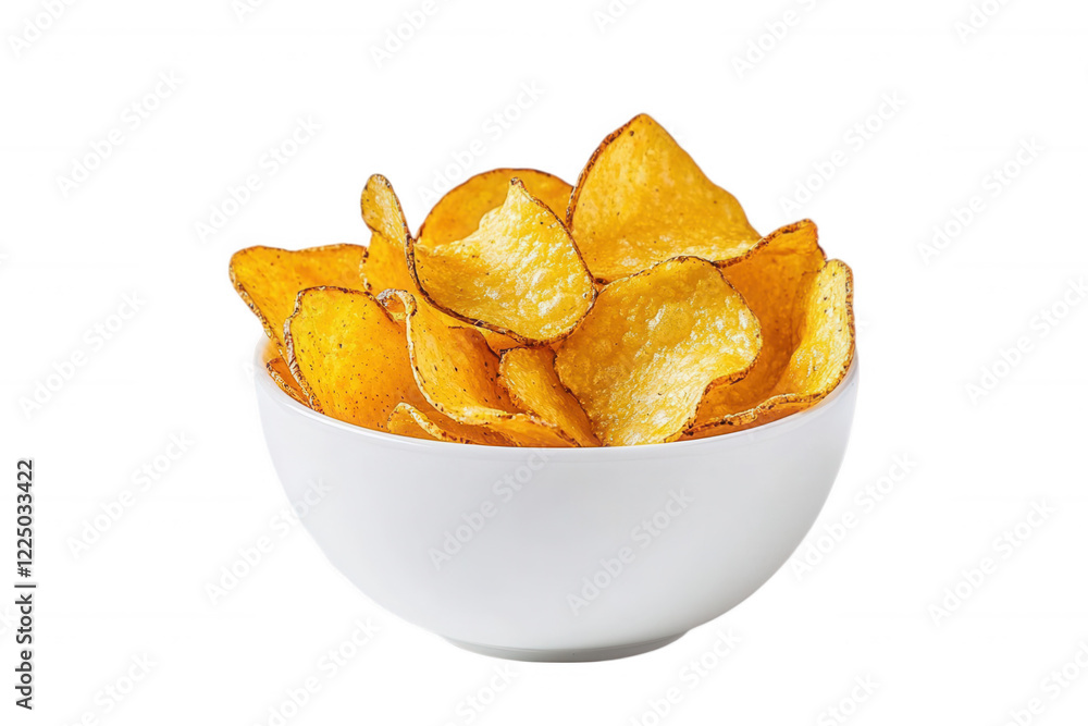 Crispy potato chips served in a white bowl against a transparent background Crispy potato chips served in a white bowl against a transparent background