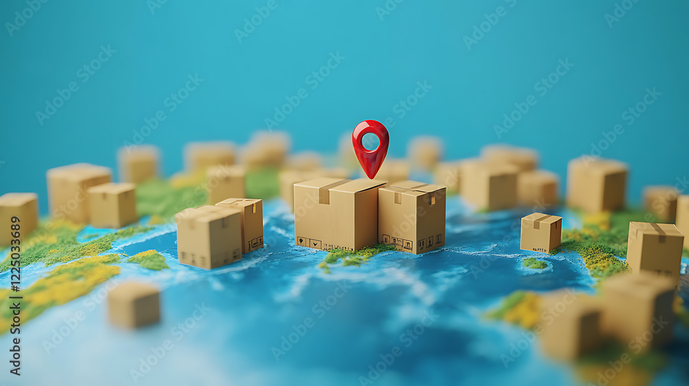 Boxes with location pin on world map. Logistics and transportation concept.