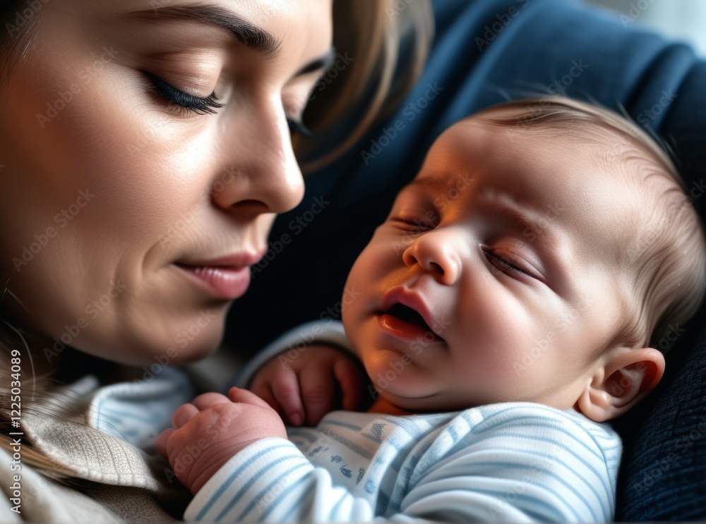 Mother lovingly cradles her sleeping baby in a cozy indoor setting during the evening Mother lovingly cradles her sleeping baby in a cozy indoor setting during the evening