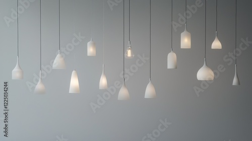 A row of white light bulbs hanging from the ceiling photo