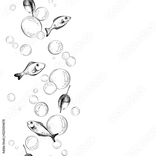 Cute fish with float and bubbles in marine theme. Graphic illustration line art in black and white monochrome, hand drawn with ink. Seamless border vertical pattern.