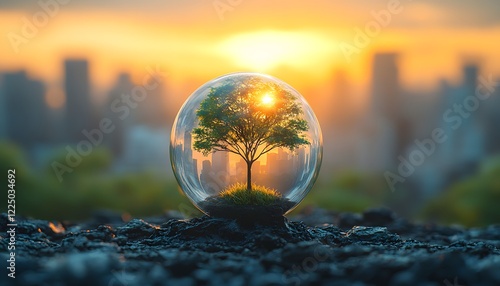 A Tree Inside a Transparent Sphere Overlooking a Cityscape at Sunset, Symbolizing Nature and Urban Coexistence, Serenity Amidst Modern Life
