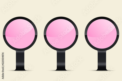 Set of three circular digital screens with a glossy pink surface, encased in a sleek black frame. It is mounted on a black stand, giving it the appearance of a futuristic information display.