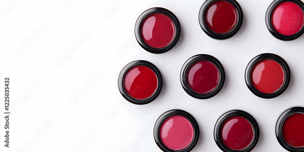 A collection of red lip colors arranged neatly, showcasing various shades in round containers on a clean surface. A collection of red lip colors arranged neatly, showcasing various shades in round containers on a clean surface.