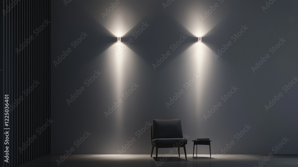 A chair is sitting in front of two light fixtures A chair is sitting in front of two light fixtures
