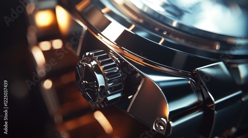 Close-up of a luxury watch's crown and bezel.