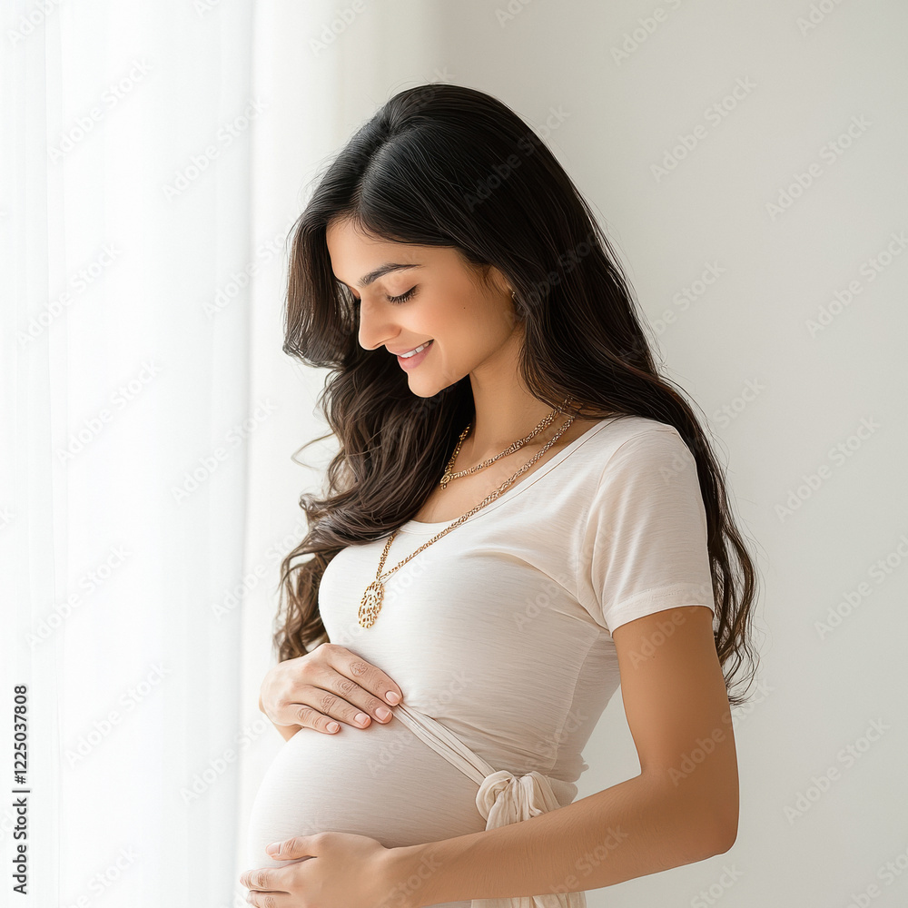 young indian pregnant woman touching belly on white background young indian pregnant woman touching belly on white background