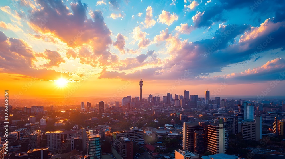 Obraz premium Sunset skyline with 5G revolution taking place across countries Bright digital networks looming over the horizon