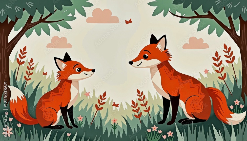 Fototapeta premium Two Red Foxes in Forest Scene Digital Illustration