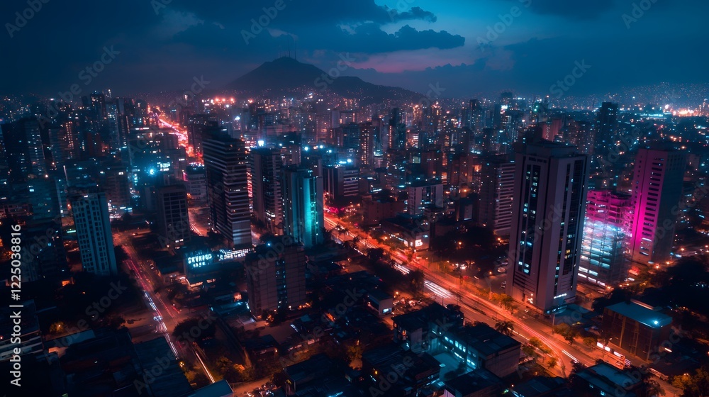 Fototapeta premium Cities with interconnected 5G towers, vibrant digital displays and next-gen communications technologies are lighting up Latin America.