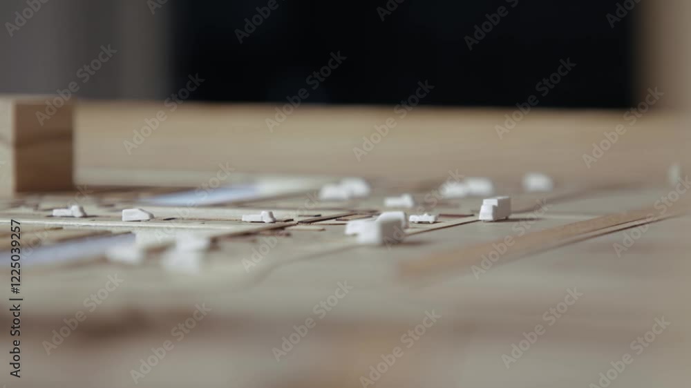 Model of Professional City Building and Roads Architecture with Cars. Handmade Wood Work or Tech Scheme of Future Streets. Close Up Shot of Workshop with Transport Communications and Technical Layout Model of Professional City Building and Roads Architecture with Cars. Handmade Wood Work or Tech Scheme of Future Streets. Close Up Shot of Workshop with Transport Communications and Technical Layout