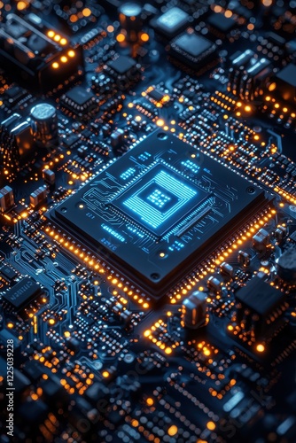 Close-up view of a glowing blue computer chip on a circuit board