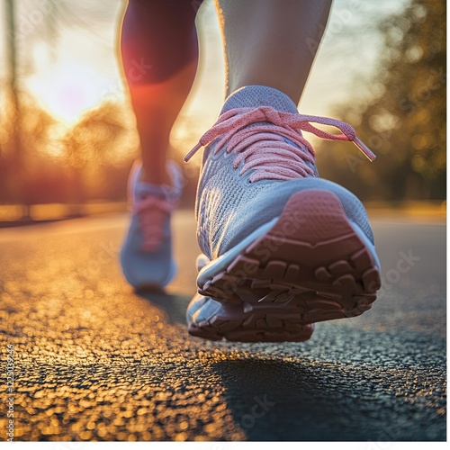 Wallpaper Mural Close-up view of athletic shoes during outdoor run at sunset on asphalt road Torontodigital.ca