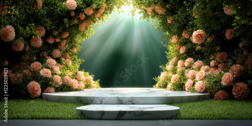 A serene garden path illuminated by soft sunlight, surrounded by lush greenery and blooming flowers, creating a peaceful atmosphere.