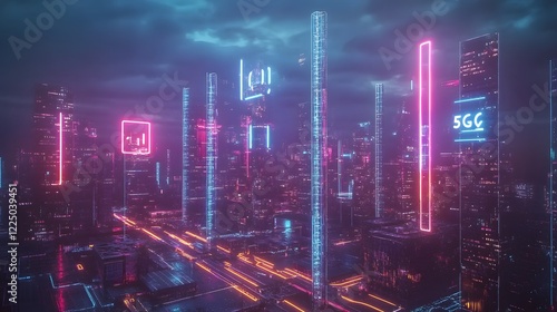 Wallpaper Mural Futuristic cityscape with 5G towers connecting millions of people, neon lights symbolizing global mobile connectivity, over 6.3 billion users by 2030 Torontodigital.ca