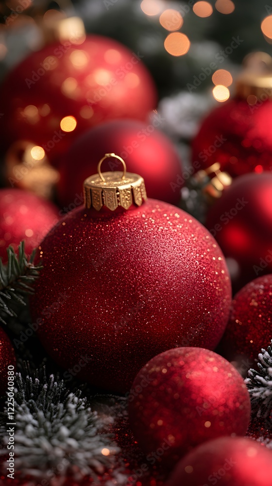Red Christmas ornaments with gold accents and bokeh lights. Red Christmas ornaments with gold accents and bokeh lights.