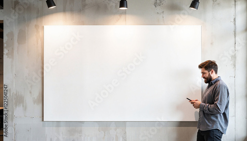 Man using phone next to blank wall in modern interior