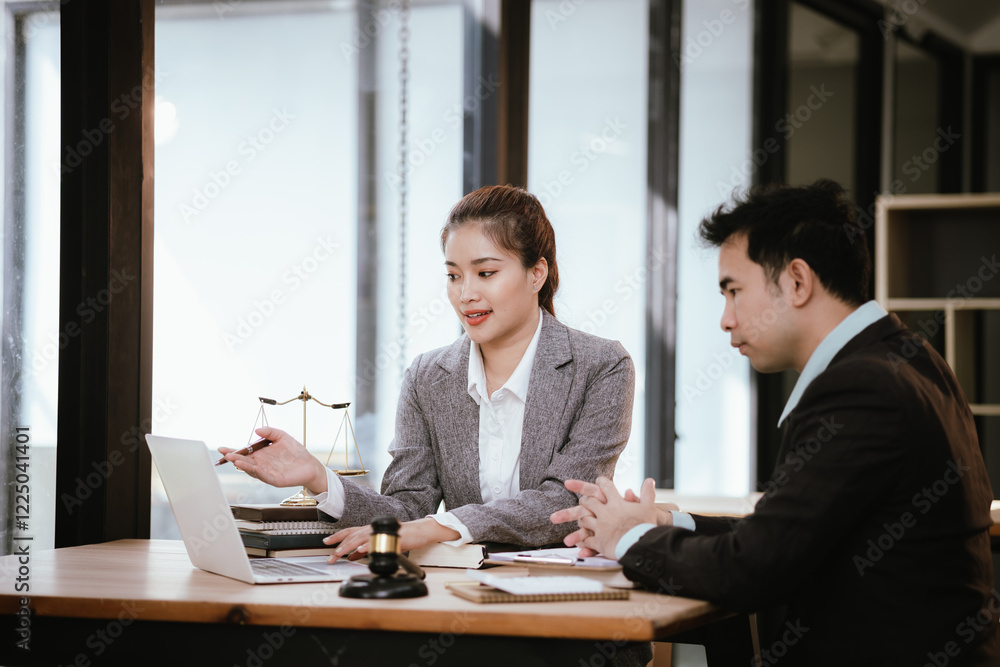 Lawyer Legal counsel presents to the client a signed contract with gavel and legal law. justice and lawyer Business partnership meeting concept. Lawyer Legal counsel presents to the client a signed contract with gavel and legal law. justice and lawyer Business partnership meeting concept.