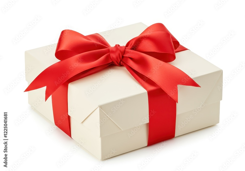 Fototapeta premium A beautifully wrapped cream colored gift box tied with a vibrant red satin ribbon and bow