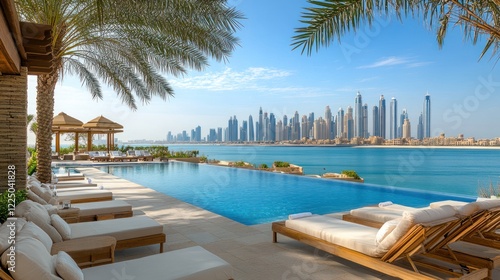 Luxury Poolside Relaxation with Stunning Dubai Skyline View
