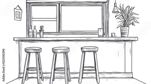 Interior bar sketch, window view, potted plant, bar stools photo