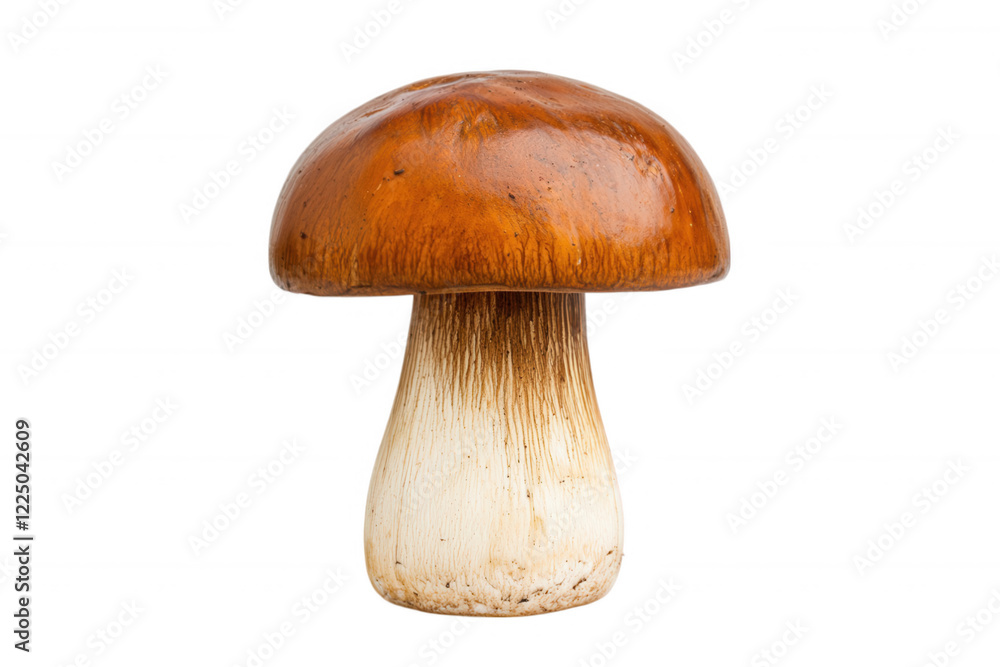 Realistic depiction of a brown cap mushroom with a smooth, shiny surface and a thick white stem, set against a transparent background, showcasing its natural beauty Realistic depiction of a brown cap mushroom with a smooth, shiny surface and a thick white stem, set against a transparent background, showcasing its natural beauty